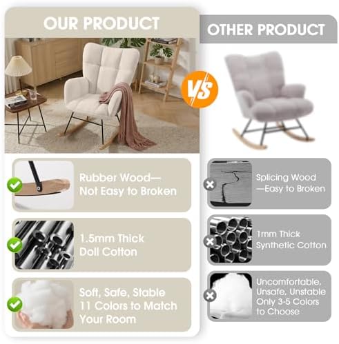 Nursery Rocking Chair, Teddy Upholstered Glider Chair with Thick Cushion, Tufted Gliding Rocker Chair with Wood Leg, Cozy Rocking Armchair, Accent Rocking Chair for Living Room (Ivory) - Image 6