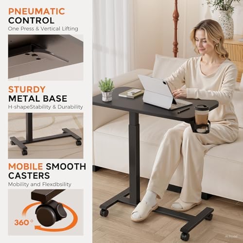 GTPLAYER Small Standing Desk with Lockable Wheels, Pneumatic Mobile Rolling Laptop Desk,Adjustable Height Overbed Bedside Table Computer Workstation for Home Office (28" W x 16" D, Black) - Image 6