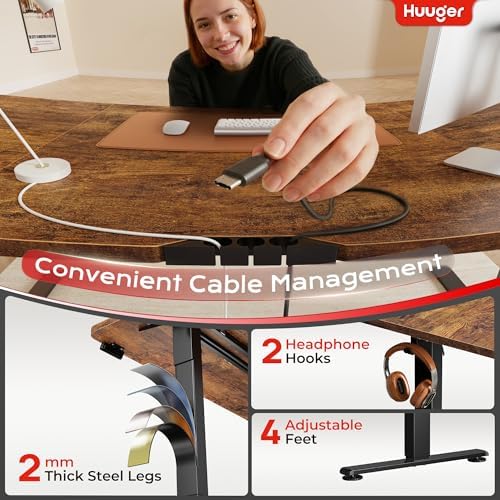 Huuger 63 X 24 Inch Electric Standing Desk with Power Outlets and USB-C Port, Height Adjustable Desk, Sit Stand Desk for Home Office, Computer & Gaming Desk, Stable Steel Frame, Rustic Brown - Image 6