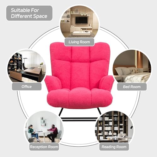 SAETSFEG Rocking Chair Nursery Teddy Upholstered Glider Rocker Rocking Accent Chair Padded Seat with High Backrest Armchair Comfy Side Chair for Living Room Bedroom Offices (Hotpink Teddy) - Image 5