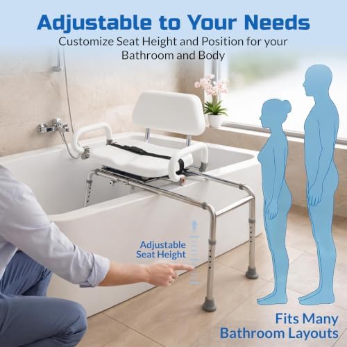 Carousel Sliding Shower Chair Tub Transfer Bench with Swivel Seat, Bariatric, Premium Padded with Pivoting Arms, High Capacity, Heavy Duty for Tubs, Inside Shower, for Handicap & Seniors, White - Image 6