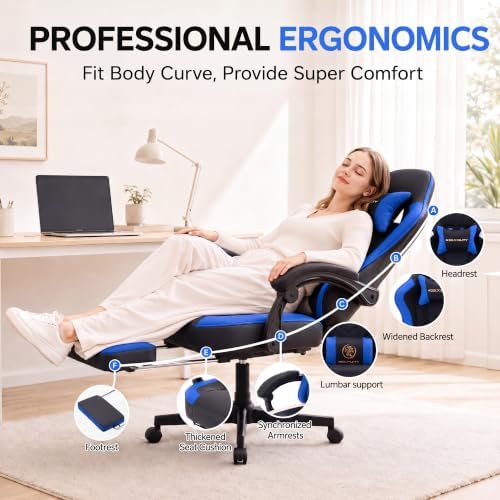 Desk Computer Gaming Chair - High Back Ergonomic Office Chair with Footrest and Lumbar Support, Swivel Comfy Home Gamer Video Game Chairs with Pocket Spring Cushion for Adults (Blue Leather) - Image 6