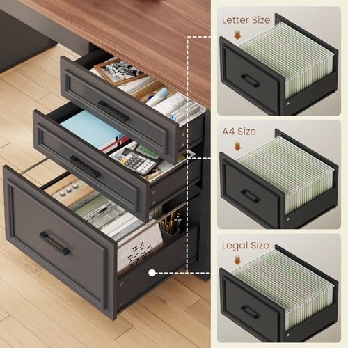 SEDETA Farmhouse L Shaped Electric Standing Desk, 63" x 67" Height Adjustable Office Executive Desk with Drawers and Shelves, Standing Computer Desks with Power Outlet for Home Office, Black+Brown - Image 6