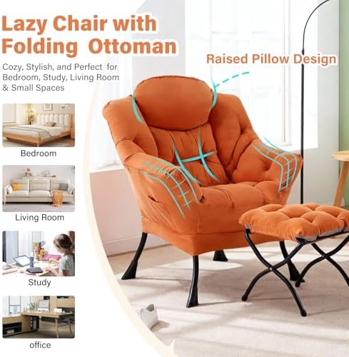 Furlide Lazy Chair with Ottoman, Soft Comfy Chair for Bedroom, Orange - Image 6
