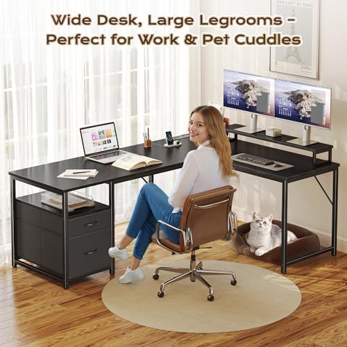 PRAISUN 55 Inch L Shaped Desk with Power Outlets and USB-C Port, Computer Corner Home Office Desk with File Fabric Drawers and Movable Monitor Stand, Larger Storage for Gaming, Work, Black - Image 7