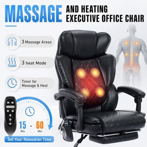 Executive Office Chair, 22.05" Wide Leather Ergonomic Office Chair with Lumbar Support, Footrest and 6-Point Vibration Massage, Reclines 94°-125° for Home Office Room, Black - Image 6