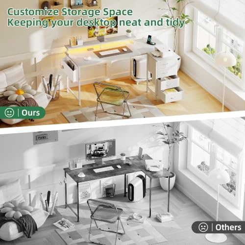 VERMESS 63" Reversible L Shaped Gaming Computer Desk, Corner Desk with Power Outlets & Monitor Stand, Writing Study Table with 4 Storage Drawers, Desk with LED Lights, White - Image 7