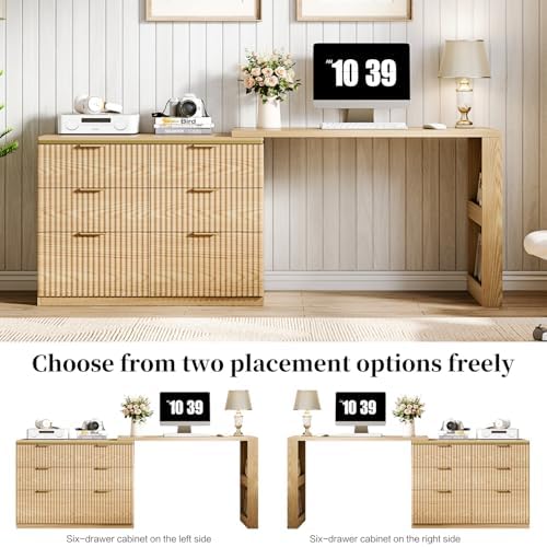 Ieejdn Computer Desk with 6 Drawers, 78" Modern Writing Desk with 0.98" Thickened Desktop & Storage Shelves, Adjustable Direction & Extendable Executive Office Desk Study Table for Home Office, Oak - Image 7