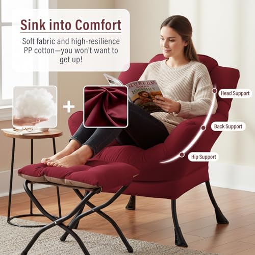 Furlide Lazy Chair with Ottoman, Soft Comfy Chair for Bedroom, Burgundy - Image 6