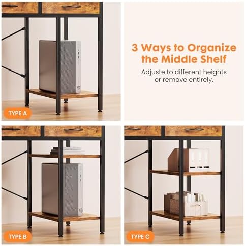 Sweetcrispy 55" Computer Desk with 6 Fabric Drawers & Storage Shelves - Image 6