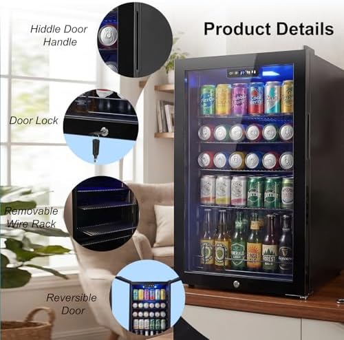 20 Inch Beverage Refrigerator, Mini Fridge with Glass Door for Soda Beer–130 Can Small Fridge for Home Office Bar, 3.4 Cu.Ft Drink Cooler with Reversible Door, Digital Temperature Control,Black - Image 7