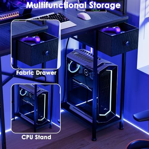 33.7 Inch Small Gaming Desk Table with LED Lights & Power Outlets, Compact L Shaped Gaming Computer Desk with CPU Stand, Drawer & Storage, Corner PC Desk for Kids, Home Office , Bedroom, Black - Image 6