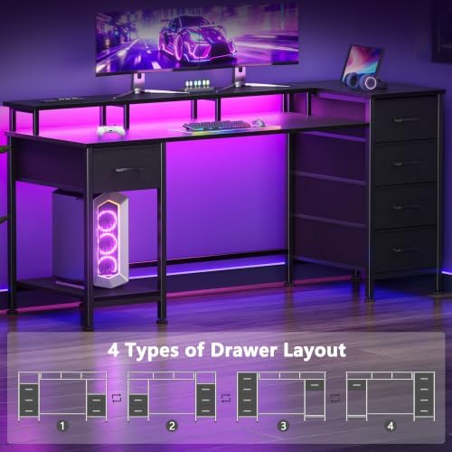 Korfile 55 Inch Gaming Desk with Power Outlets and LED Lights, Reversible Computer Desk with 5 Fabric Storage Drawers, Home Office Desk with Monitor Stand for Working Writing Study, Carbon Fiber Black - Image 7
