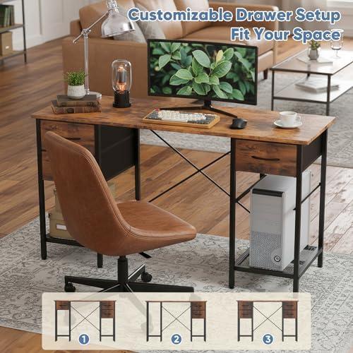 Sweetcrispy 56" Computer Desk with 4 Drawers and Shelve, Brown - Image 6