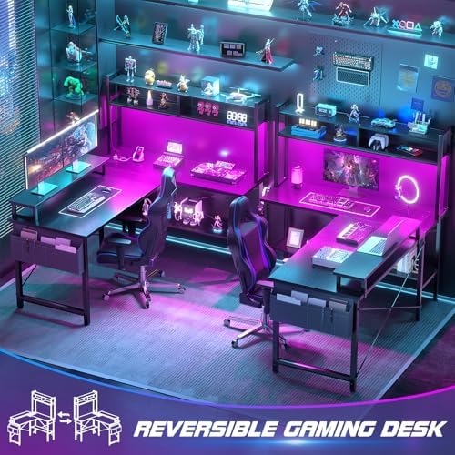 Aheaplus L Shaped Gaming Desk with Power Outlets & LED Lights, Black - Image 7
