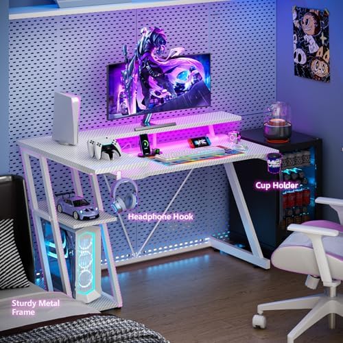 Korfile 47 Inch White Gaming Desk with Power Outlet & LED Lights, Corner Computer Desk with 3 Tiers Storage Shelves, L Shaped Gaming Desk with Monitor Stand for Bedroom - Image 6
