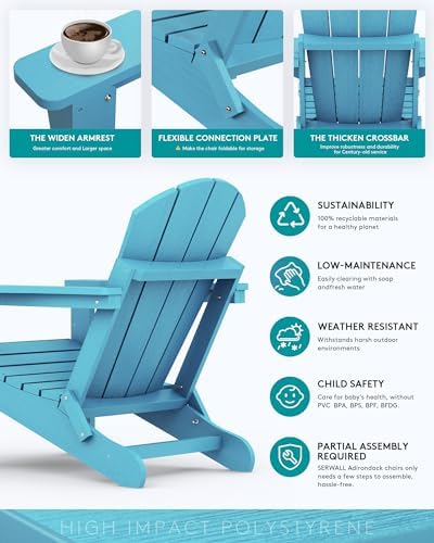 SERWALL Folding Adirondack Chairs Set of 4 with Cup Holders - Aruba Blue - Image 6