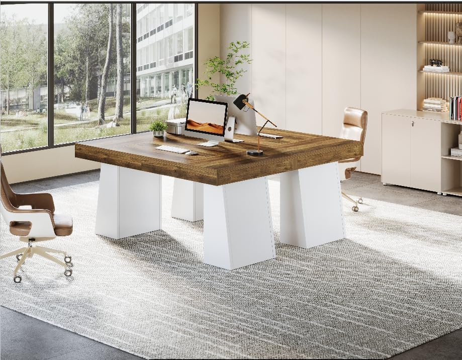 Tribesigns 55-Inch Executive Desk, Large Wood Office Computer Desk with Double Pedestal, Modern Minimalist Workstations Writing Table Conference Table Furniture for Home Office, Brown&White - Image 6