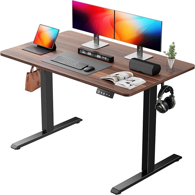 Electric standing desk for small home office with dual monitor setup, quiet motor, and stable frame for sit-stand back pain relief