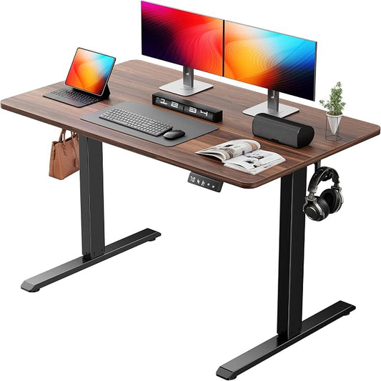 Electric standing desk for small home office with dual monitor setup, quiet motor, and stable frame for sit-stand back pain relief