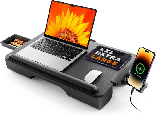 Laptop lap desk for bed with storage drawer and cushion, used as a portable lap desk for working from bed or couch