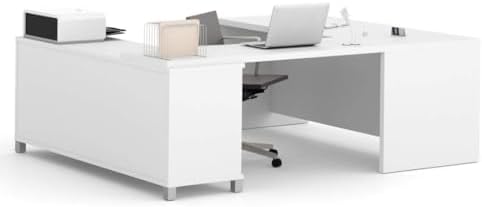BOWERY HILL 71" Modern Wood U-Shaped Home Office Desk, White Finish, Reversible Workstation with Storage, Durable Melamine Surface, Silver Metal Legs, Utility and File Drawers, Adjustable Shelves - Image 3