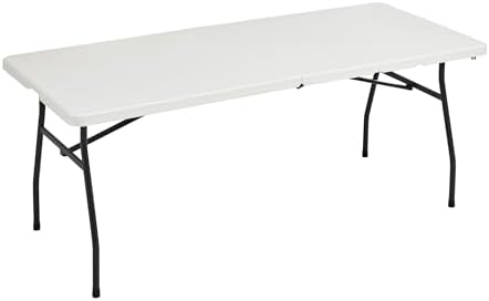 Amazon Basics Heavy Duty Portable Folding Table, 6 ft, Indoor & Outdoor, Fold-in-Half Design with Carrying Handle, White by AmazonBasics