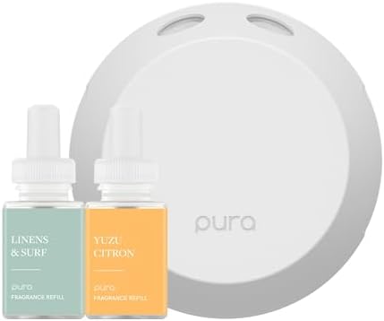 Pura Home Fragrance Device Starter Set - Pura 4 - Scent Diffuser for Home - Includes Fragrance Aroma Diffuser - Square Box, Linens & Surf and Yuzu Citron Scent Refills by Pura