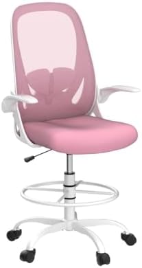 Primy Drafting Chair Tall Office Chair with Flip-up Armrests Executive Ergonomic Computer Standing Desk Chair with Lumbar Support and Adjustable Footrest Ring (Pink) - Image 5