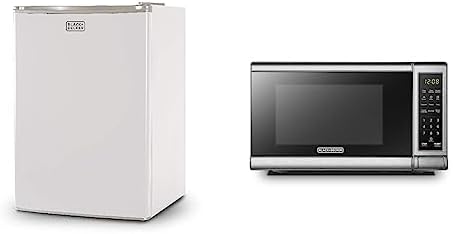 BLACK+DECKER BCRK25W Compact Refrigerator Energy Star Single Door Mini Fridge with Freezer, 2.5 Cubic Ft., White & EM720CB7 Digital Microwave Oven with Turntable Push-Button Door, Child Safety Lock by BLACKDECKER
