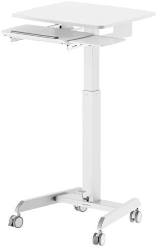 Mount-It! Height Adjustable Rolling Laptop Desk with Keyboard Tray, Mobile Sit-Stand Computer Cart with Wheels, Small Standing Desk for Home, Office, or Classroom, 23.6" x 20.5", White by Mount-It
