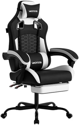 Gaming Chair with Massage,Ergonomic PC Gaming Chair with Footrest Comfortable Headrest and Lumbar Support,High Back PVC Leather,300LBS (Black White) by WOTSTA
