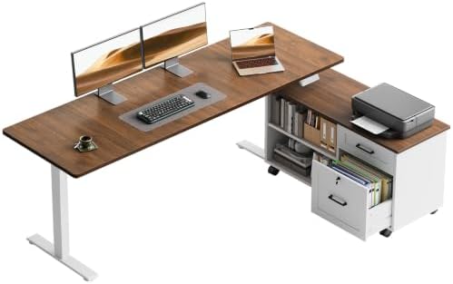 OffiGo 63" L Shaped Electric Standing Desk with Cabinet Sets, Walnut/White by OfficeGo-ForHomeOfficeWork