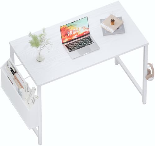 Pamray 32 Inch Computer Desk Small Spaces Desk with Storage Bag for Bedroom Writing and Home Office Work Small Study Desk Table White by PAMRAY
