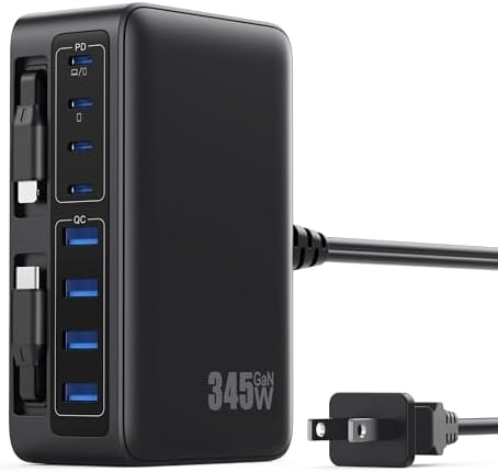 345W USB C Charger 10 in 1 Retractable Wall Charger with 2 Cables,GaN 6 USB C Charging Station Phone Charging PD Laptop Charger Adapter for MacBook Pro/Air,DELL,iPhone17/16/15,Galaxy S24,Android etc by GKUTW