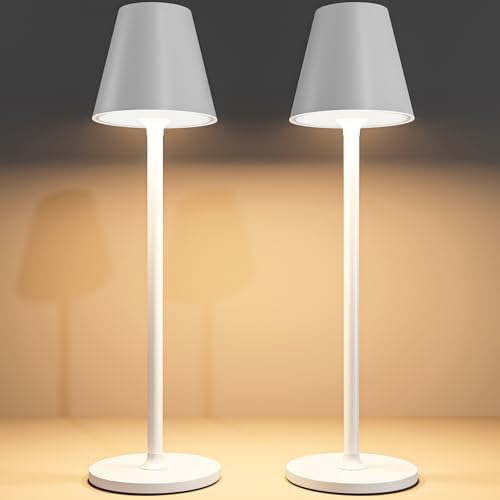 Timjorman 2-Pack Cordless Table Lamps - 5000mAh Rechargeable Battery Operated Desk Lamp, 3-Level Dimmable LED Night Light for Bedroom, Dining, Restaurant - Metal Design (White 2-Pack) by Timjorman