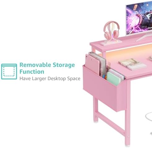 Lufeiya Girls Desk with Power Outlets and LED Lights, 40 Inch Gaming Desk Table with Charging Station, Home Office Computer Desks with Monitor, Pink - Image 7