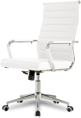 Okeysen Office Desk Chair, Ergonomic Leather Modern Conference Room Chairs, Executive Ribbed Height Adjustable Swivel Rolling Chair for Home Office Set of 1. (White) by Lepdep