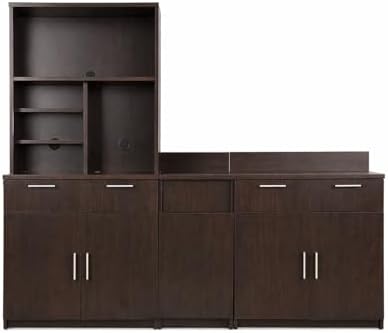 BREAKtime Breakroom Cabinet with 4-Door Storage, Trash Bin Compartment & Upper Hutch, Microwave Space, Fully Assembled, 90" W x 24" D x 75" H, Trash Bin Included, Appliances Not Included, Espresso by BREAKtime