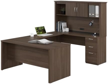 Bestar Logan 66W U or L-Shaped Executive Office Desk with Pedestal and Hutch in Antigua by Bestar