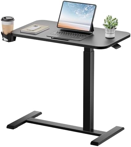 GTPLAYER Small Standing Desk with Hidden Wheels, Pneumatic Mobile Rolling Laptop Desk, Adjustable Height Overbed Bedside Table Computer Workstation for Home Office (28" W x 16" D, Pure Black) by GTPLAYER