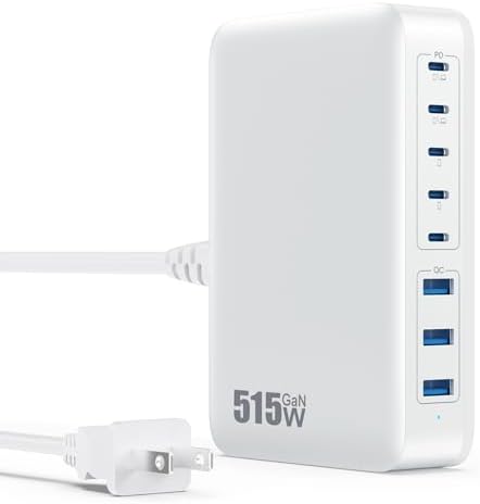 USB C Charger Block 515W[2025 Upgraded] GaN IV 8 Port Fast Charging Station Hub,Dual PD 100W USB C Laptop Charger Compatible with MacBook Pro/Air,iPad,iPhone 16/15,Galaxy S23/S24 Steam Deck Dell XPS by GKUTW