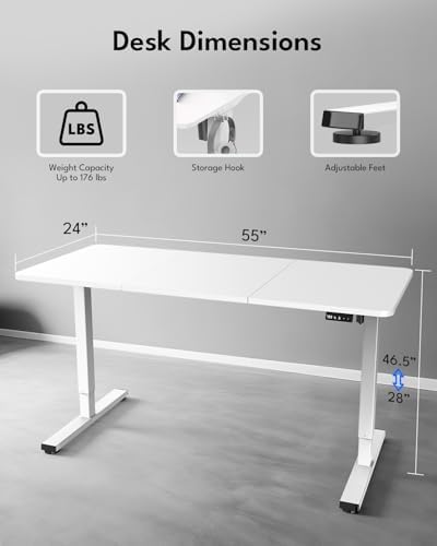 Large Electric Standing Desk, Gaming Desk, 55 x 24 Inch, White - Image 2