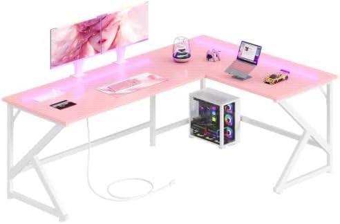 39.4'' L Shaped Gaming Desk with LED Lights & Power Outlets, Pink Desk by GRANNYSAYS