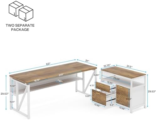 Tribesigns Office Desk with Drawers Sets, 63 inches L Shaped Computer Desk with Mobile File Cabinet,Big Executive Desk for Home Office Furniture Sets (Light Walnut, 63-inch) - Image 2