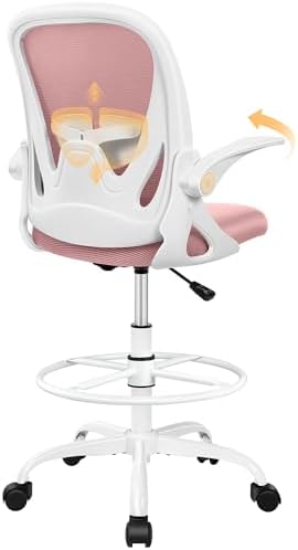 Primy Drafting Chair Tall Office Chair with Flip-up Armrests Executive Ergonomic Computer Standing Desk Chair with Lumbar Support and Adjustable Footrest Ring (Rose Quartz) by Primy