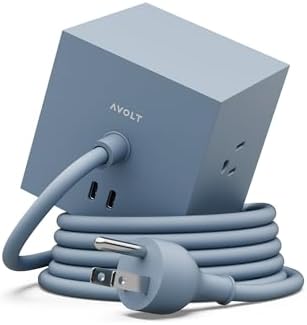 Avolt Square 1 Shark Blue Power Strip Cube, 5.9ft, 3 Outlets, 2 USB-C by Avolt