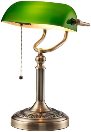Green Glass Bankers Desk Lamp with Pull Chain Switch Plug in Fixture by Newrays