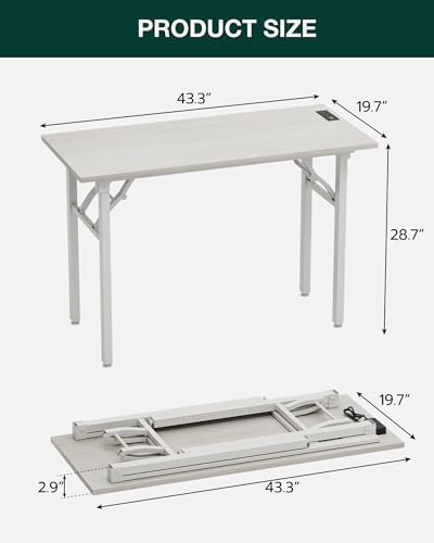 Frylr Small Folding Computer Desk – 43.3 Inch Portable Table for Craft and Study, Lightweight Desk for Small Spaces, Foldable Laptop Table Built-in AC/USB Outlets for Convenience, White Ash - Image 2