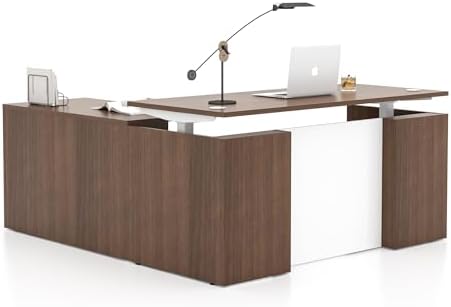 L-Shaped Executive Office Standing Desk with Pre-Assembled Frame & Lockable File Cabinet, Dual Motor Height Adjustable Electric Sit Stand Desk, Programmable Controller, Walnut/White - Image 6